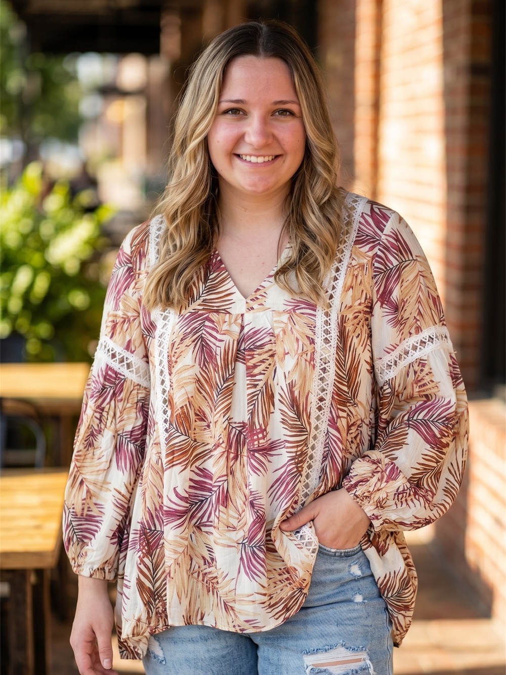 And the Why Boho Palm-Print Peasant Top in Cream and Brown